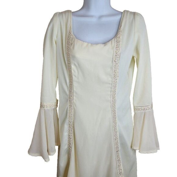 Vintage 60s Mod Dress Size S Ivory Gold Grecian Greek Key Wedding Flounce Sleeve - Picture 1 of 11